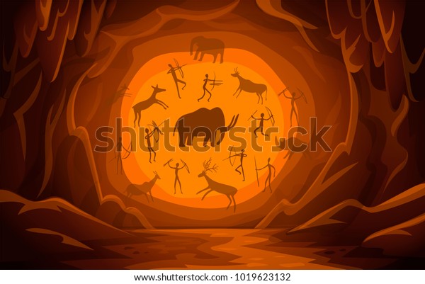 Prehistoric Cave with cave drawings.\
Cartoon mountain scene background Primitive cave paintings. ancient\
petroglyphs. Vector\
illustration.