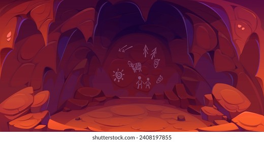Prehistoric cave with drawings on wall. Vector cartoon illustration of mountain tunnel, underground grotto, tribal cavern with primitive pictures, ancient petroglyphs, archeology museum exhibition