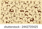 Prehistoric cave painting, ancient stone drawing. Vector background with primitive caveman sketches, symbols of hunters, mammoths, animals, plants and ornaments. Petroglyph illustrations on rock wall