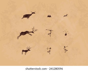 Prehistoric Cave Painting Icon Set. Mural.