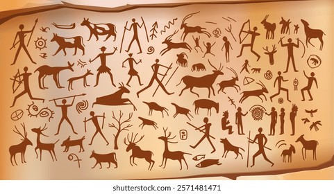 Prehistoric cave painting on stone wall vector background, ancient age rock arts. Caveman primitive drawings of hunter tribe men. Animals, birds and fish, arrows, bows and spears brown cave painting