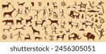 Prehistoric cave paintings, ancient art on rock wall. Stone vector background with caveman paintings, primitive brown symbols of hunters, tribe people and animals, deers, mammoth, spears and fire