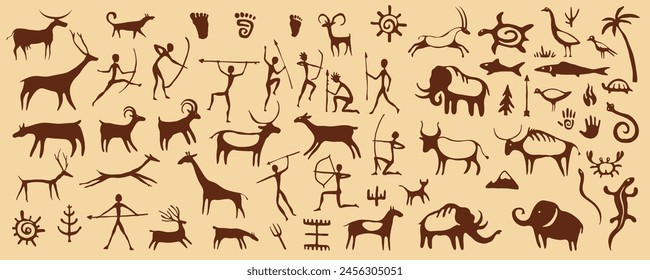 Prehistoric cave paintings, ancient art on rock wall. Stone vector background with caveman paintings, primitive brown symbols of hunters, tribe people and animals, deers, mammoth, spears and fire