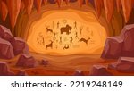Prehistoric cave with paintings. Old cave drawings of primitive people, stone age art, ancient history and archeology vector Illustration of prehistoric drawing