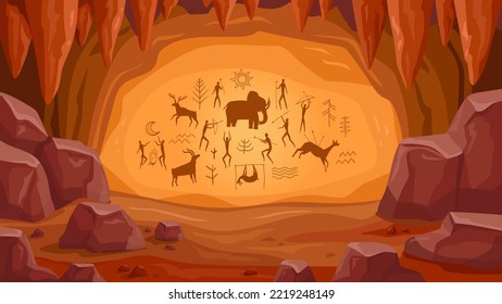 Prehistoric cave and paintings  Old cave drawings primitive people  stone age art  ancient history   archeology vector Illustration prehistoric drawing