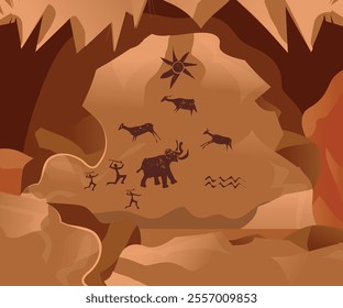 Prehistoric cave with paintings. Old cave drawings of primitive people, stone age art, ancient history and archeology vector Illustration of prehistoric drawing.