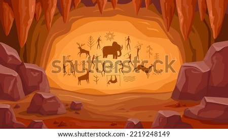 Prehistoric cave with paintings. Old cave drawings of primitive people, stone age art, ancient history and archeology vector Illustration of prehistoric drawing ストックフォト © 