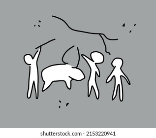 Prehistoric cave paintings on a stone wall. Cartoon basic style vector illustration. 