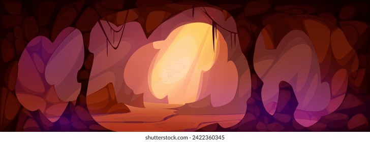 Prehistoric cave with stone walls. Game mysterious mine dungeon or neanderthal tribe dwelling inside. Cartoon vector illustration of brown underground rock cavern inner with stalactites and light rays