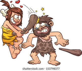 Prehistoric caveman couple. Vector clip art illustration with simple gradients. All in a single layer. 