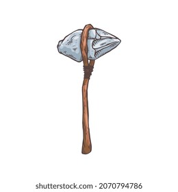 Prehistoric caveman hammer tool made of heavy stone, hand drawn style vector illustration isolated on white background. Stone age working tool and hunting weapon.