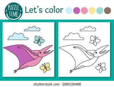 Prehistoric Coloring Page For Children. Cute Funny Scene With Pterodactyl, Nest With Eggs, Clouds. Vector Jurassic Period Outline Illustration. Dino Color Book For Kids With Colored Example
