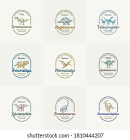 Prehistoric Creature Dinosaur Abstract Signs, Symbols or Logo Templates Collection. Hand Drawn Ancient Reptiles with Retro Typography in Frames. Vector Emblem Concept Bundle. Isolated.