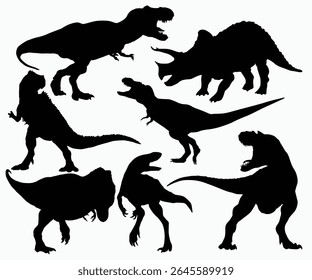Prehistoric creature dinosaur silhouette vector download Stencil. Ceratosaurus, Tyrannosaurus Rex, Dino monsters, Jurassic period, Grunge pattern elements. Dinosaur graphics hand drawn silhouette set