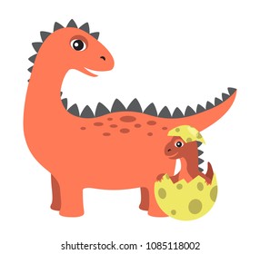 Prehistoric creature, and egg with newborn kid dinosaur, spiked dino type with sharp teeth, vector illustration, isolated on white background