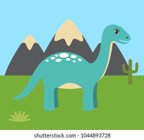 Prehistoric creature and nature dinosaur with long neck and tail, cactus and green grass, clear sky and mountains view isolated on vector illustration