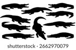 Prehistoric crocodile vector icon set, featuring Deinosuchus silhouettes for paleontology and ancient wildlife concepts.