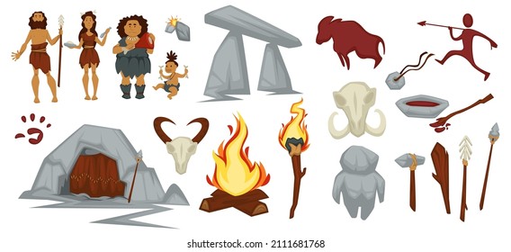 Prehistoric culture of cave people living in stone age, hunters and gatherers wearing fur coats and working with handmade tools from wood. Flame in bonfire, bull skull and drawing. Vector in flat