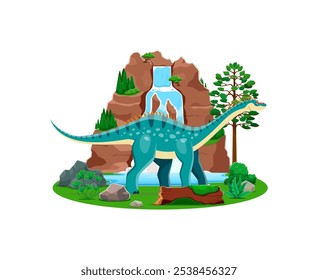 Prehistoric dicraeosaurus dinosaur character. Cartoon vector dino at lush prehistoric landscape. Peaceful scene of ancient history time with scenic waterfall, mossed tree log and vibrant greenery