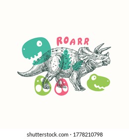 Prehistoric Dinosaur Abstract Sign, Symbol or Card Template. Hand Drawn Triceratops Reptile with Funny Flat Style Illustrations. Cute Vector T-shirt Print or Emblem Concept. Isolated.