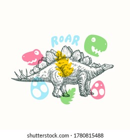 Prehistoric Dinosaur Abstract Sign, Symbol or Card Template. Hand Drawn Stegosaurus Reptile with Funny Flat Style Illustrations. Cute Vector T-shirt Print or Emblem Concept. Isolated.