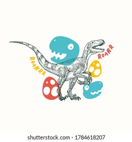 Prehistoric Dinosaur Abstract Sign, Symbol or Card Template. Hand Drawn Velociraptor Reptile with Funny Flat Style Illustrations. Cute Vector T-shirt Print or Emblem Concept. Isolated.