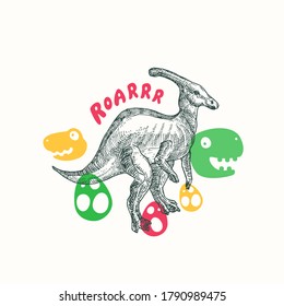 Prehistoric Dinosaur Abstract Sign, Symbol or Card Template. Hand Drawn Parasaurolophus Reptile with Funny Flat Style Illustrations. Cute Vector T-shirt Print or Emblem Concept. Isolated.