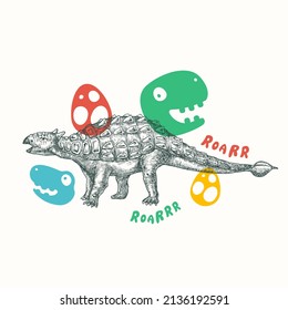 Prehistoric Dinosaur Abstract Sign, Symbol or Card Template. Hand Drawn Ankylosaurus Reptile with Funny Flat Style Illustrations. Cute Vector T-shirt Print or Emblem Concept. Isolated