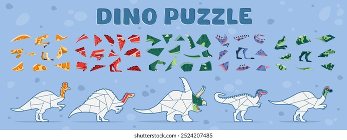 Prehistoric dinosaurio animal rompecabezas juego de laberinto. Vector hoja de trabajo educativa y divertida actividad para niños con Formas de dinosaurios dispersos y piezas listas para ser ensambladas en figuras completas