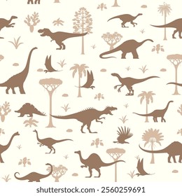 Prehistoric dinosaur animals and reptiles seamless pattern. Vector background of jurassic dinos, prehistoric forest trees and plants. Tyrannosaurus, velociraptor and dimorphodon dinosaur silhouettes