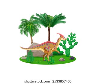 Personaje de dinosaurio prehistórico, dibujos animados Parasaurolophus o lagarto jurásico, Vector divertido dino. Dinosaurio de la era del Cretácico o lagarto prehistórico en dos patas en el bosque de la selva para animales de paleontología de niños