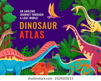 Personajes prehistóricos de dinosaurios para la portada del libro atlas o enciclopedia de dinosaurios para niños, fondo de Vector. Divertidos personajes de lagartos jurásicos y dinosaurios gigantes en el bosque de la selva para el atlas de paleontología