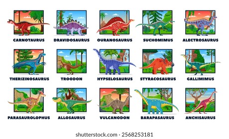 Prehistoric dinosaur characters and cartoon Jurassic lizards collection, vector funny dino species. Prehistoric dinosaurs and giant reptiles with name, Jurassic or Cretaceous era dino lizards for kids