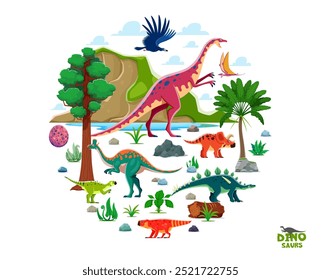 Personajes prehistóricos de dinosaurios y lagartos de dibujos animados en el bosque jurásico, Anuncio de Vector. Dinosaurios y animales de dinosaurio prehistóricos mundo para niños Paleontología jurásica atlas de animales extintos o portada de libros