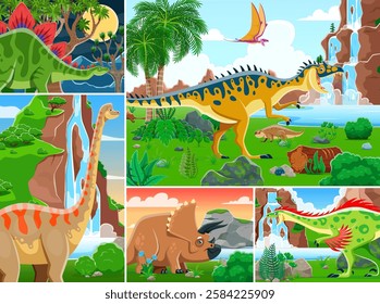 Prehistoric dinosaur characters collage of cartoon Jurassic lizards in jungles, vector background. Funny dino collage for kids prehistoric dinosaurs atlas or encyclopedia and paleontology book cover