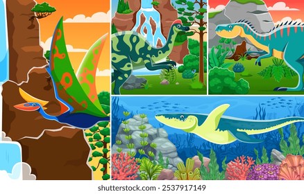 Prehistoric dinosaur characters collage with Jurassic lizards and underwater reptiles, cartoon vector. Prehistoric era dinosaurs, giant lizards, birds and reptiles for kids prehistoric dino atlas book