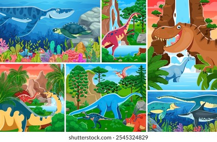 Collage de personajes de dinosaurios prehistóricos con lagartos y reptiles de la era jurásica, Vector de dibujos animados. Dinosaurio T-rex con lagartos depredadores gigantes y reptiles submarinos para niños libro de atlas de dinosaurios prehistóricos