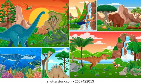 Prehistoric dinosaur characters collage with Jurassic lizards and dino animals, vector background. Funny T-rex tyrannosaurus with mammoth of ice age and giant dinosaur in forest for kids dino world