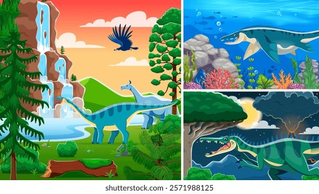 Prehistoric dinosaur characters collage with Jurassic lizards and reptiles, vector background. Kids prehistoric dinosaurs atlas or paleontology book cover with giant predators and underwater reptiles