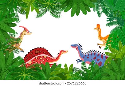 Prehistoric dinosaur characters in jungle forest frame. Vector rectangular border with cartoon dino characters and lush tropical foliage, plants, palm tree leaves and ferns around blank space for text