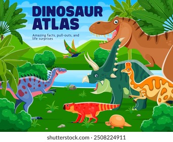 Prehistoric dinosaur characters at jungles landscape, atlas book cover with ancient reptile creature species in a lush, green environment with tropical forest plants. Cartoon vector storybook cover