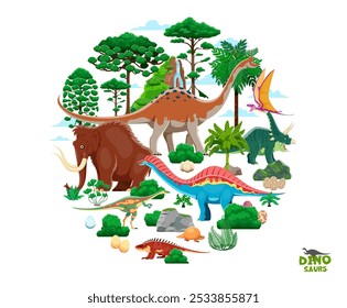 Personajes de dinosaurios prehistóricos del parque de la era jurásica, Anuncio de lagartos de dibujos animados divertidos de Vector para niños. Divertidos dinosaurios y mamut de la edad de hielo con amargasaurus, pelorosaurus y chasmosaurus o dimorphodon