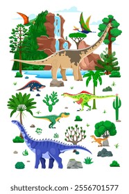 Prehistoric dinosaur characters set in lush landscape with waterfalls and abundant greenery. Cartoon vector dino species tapejara, paralititan, quetzalcoatlus, hypselosaurus, velociraptor, allosaurus