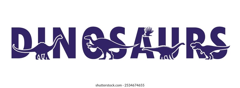 Prehistoric dinosaur characters silhouettes of dino animals and bird. Vector banner with tyrannosaurus rex and pelorosaurus, kotasaurus, aralosaurus and argentavis blue silhouettes, dinosaur lettering