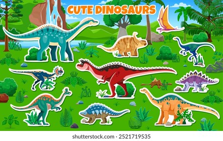 Paquete de pegatinas de personajes de dinosaurios prehistóricos. Parches de Vector con lindas especies de dinosaurios como saurópodos, terópodos y pterosaurios en un exuberante paisaje forestal selvático con vegetación, árboles, rocas y cascadas