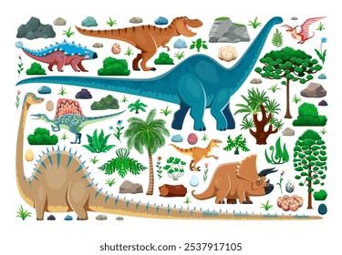 Personagens pré-históricos de dinossauros e conjunto de vetor de desenhos animados de vegetação. Elementos ambientais da era jurássica, espécies de dino, ovos e flora. Árvores, rochas, arbustos e samambaias dos antigos períodos de vida na Terra