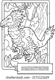 prehistoric dinosaur deinonychus, coloring book for children, outline illustration