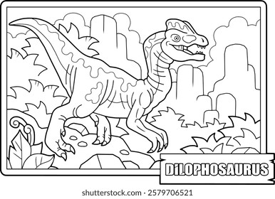 prehistoric dinosaur dilophosaurus, coloring book for children, outline illustration