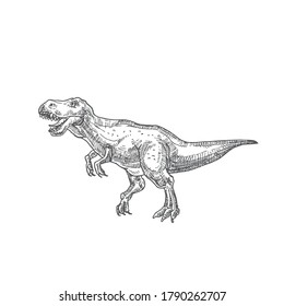 Prehistoric Dinosaur Doodle Vector Illustration. Hand Drawn Tyrannosaurus Rex Reptile Engraving Style Drawing. Isolated.