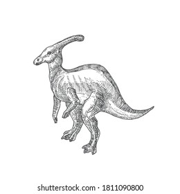 Prehistoric Dinosaur Doodle Vector Illustration. Hand Drawn Parasaurolophus Reptile Engraving Style Drawing. Isolated.